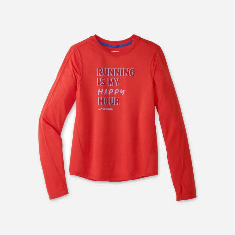 Brooks Women's Distance Graphic Long Sleeve Running Shirt Singapore - Heather Jamberry/Happy Hour/Bl